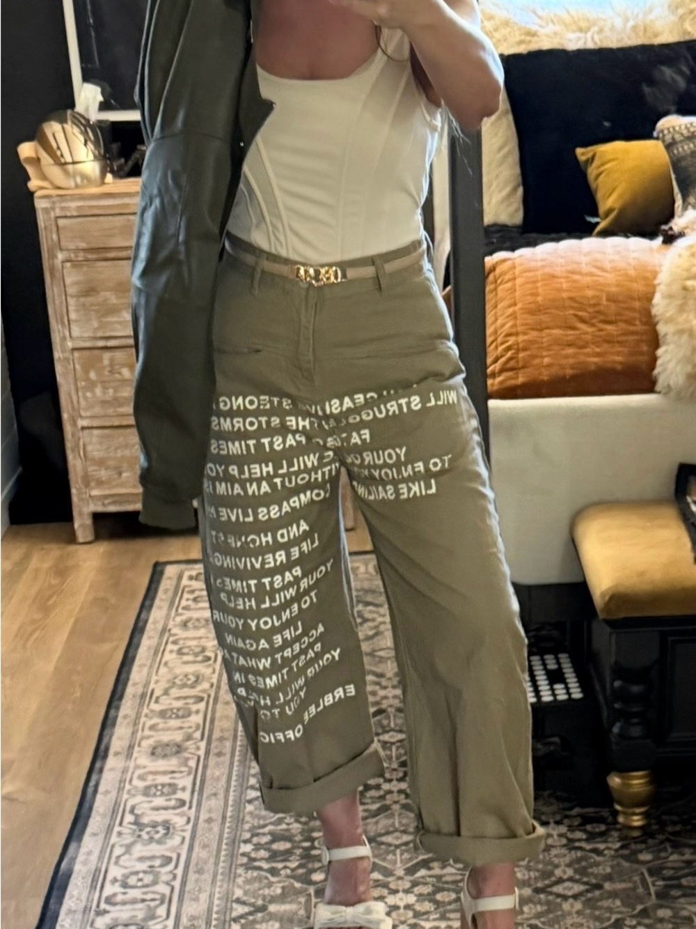 Olive tan khaki Wide-Leg Graphic Cargo Pants - Olive - Picture 4 of 9